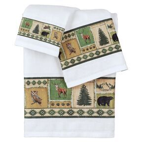 Northwoods Patchwork Aztec Border Towel Set 3-pc Animals Trees Bath Gift NEW